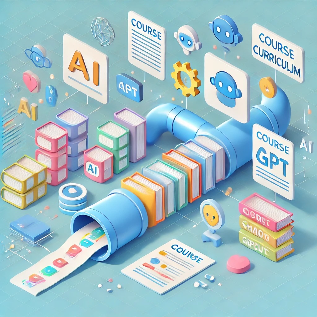 A futuristic isometric illustration of a flow from a large pile of AI resources, through a series of data-processing steps, leading to a neatly organized course curriculum. A futuristic isometric illustration of a flow from a large pile of AI resources, through a series of data-processing steps, leading to a neatly organized course curriculum.