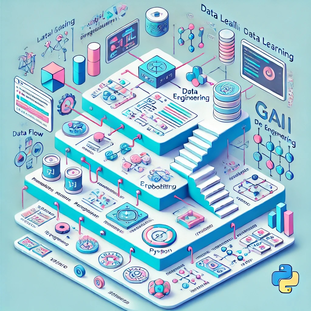 An isometric-style illustration of a multi-stage AI course. I it, icons representing code, data flow, neural networks, and chatbots.